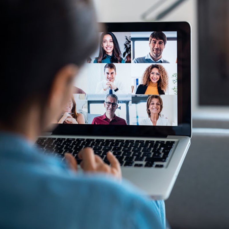 Woman in a virtual meeting on laptop.