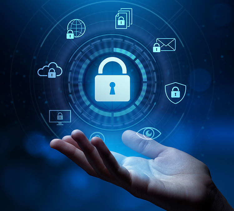 Hand supporting a digital lock icon surrounded by cybersecurity symbols, representing data protection and secure business growth.