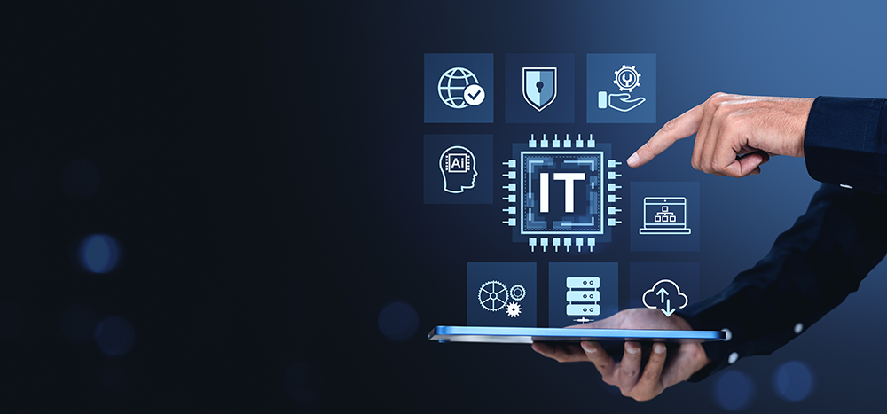 A person holding a digital tablet with a holographic display of IT service icons, including cybersecurity, cloud computing, and server management, representing managed IT services.