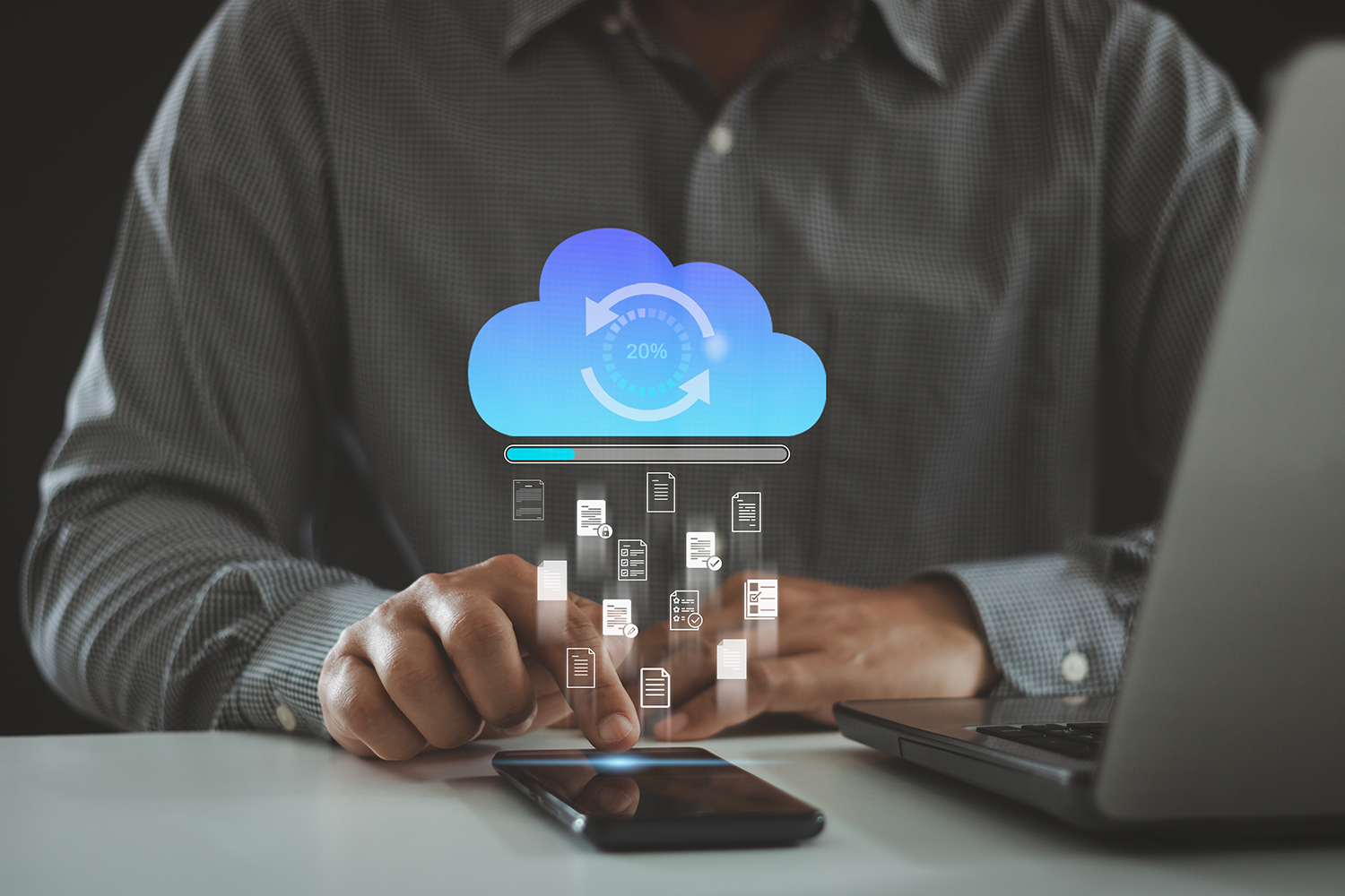 Business professional using a smartphone to upload documents to the cloud, with a digital progress bar and icons representing secure cloud file sharing.