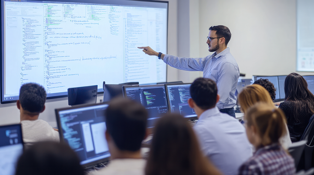 Man pointing at screen in front of class teaching cybersecurity
