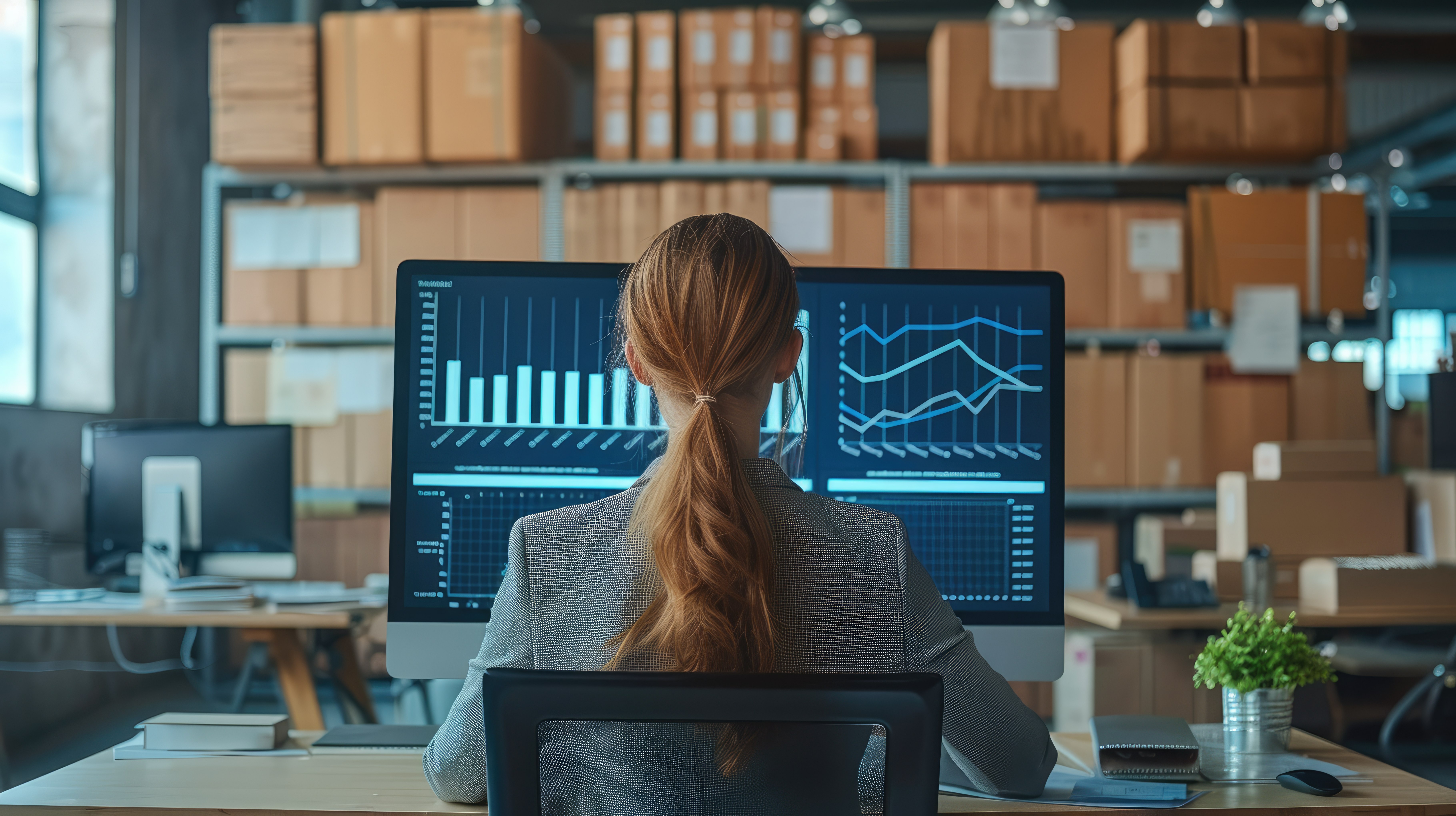 woman sitting in warehouse with boxes working large computer with graphs desplayed 